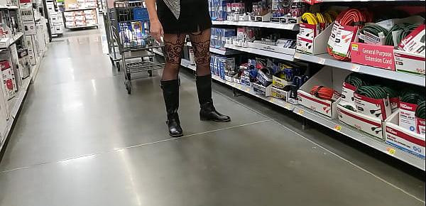  Wife in full body see-through stockings shopping in walmart.